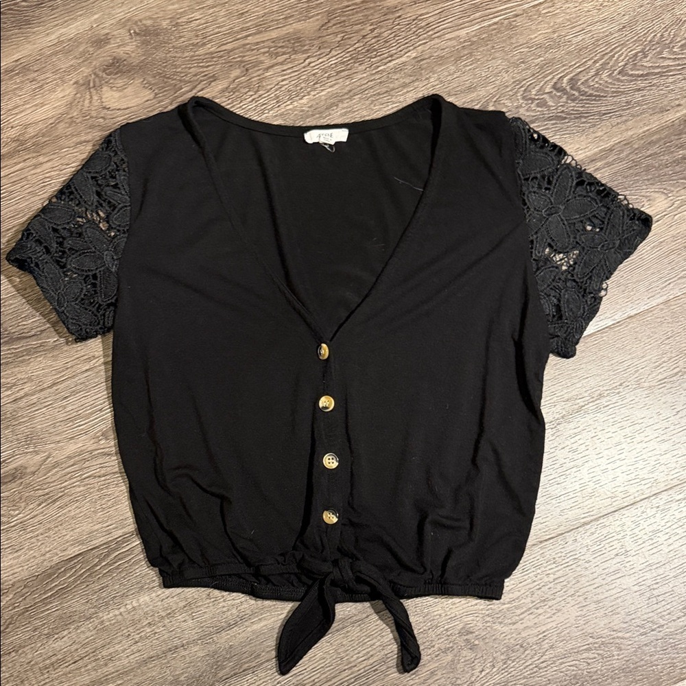 Ardene Black Button-Up Top with Lace Sleeves